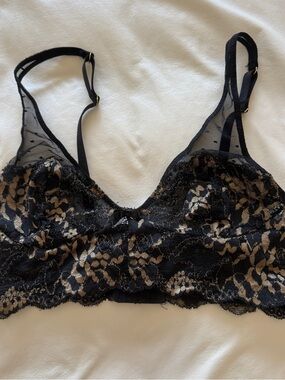 Frederick's of Hollywood Y2K Black Sheer Floral Lace Bralette with Nude Underlay
